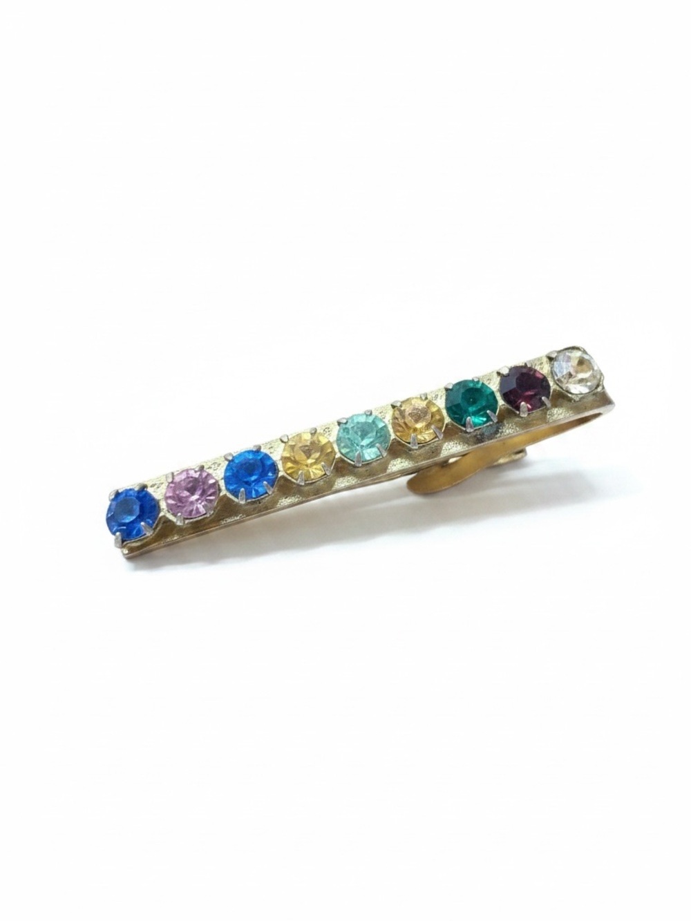 Vintage Rainbow Rhinestone Tie Bar Gold Tone Uranium Glass UV Reactive Clip